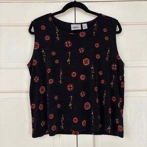 Chico’s Size 3 Travelers Black Tank Top Asian Print Chicos Size XL Travel Blouse